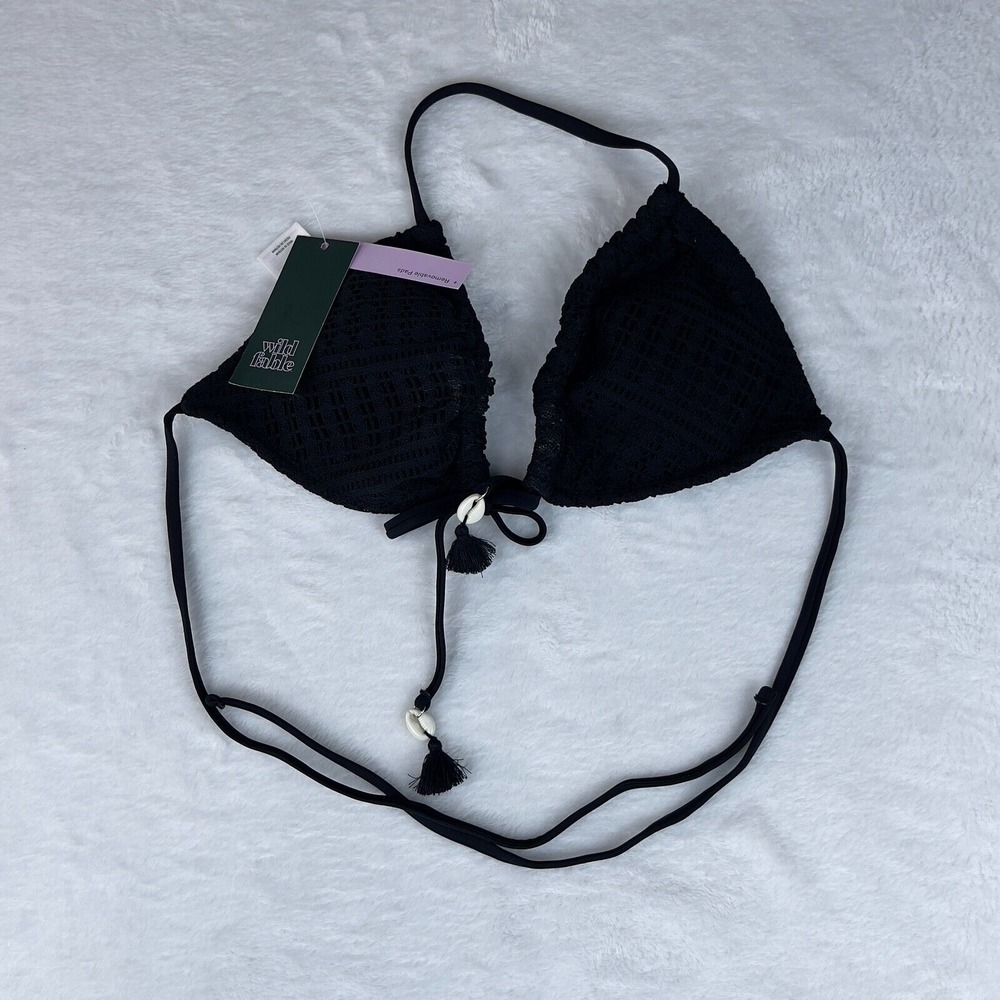 Wild Fable Bikini Top Women's Small Black Crochet Triangle Underwire Tie-Front‎